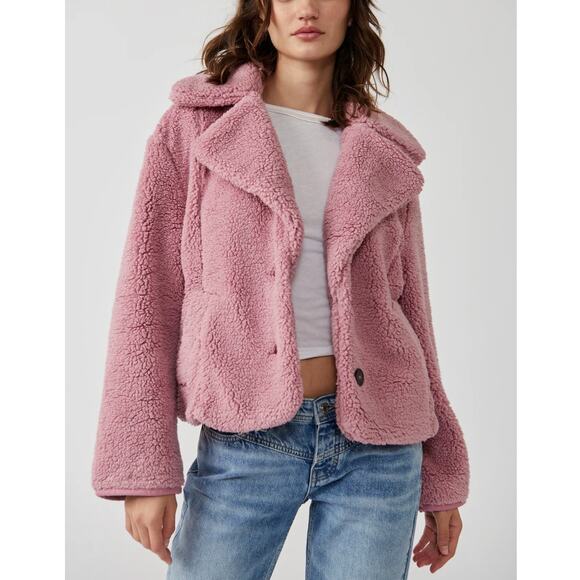Free People Joplin Faux Fur Cozy Teddy Jacket Smoked Pink Size Large NWT Slouchy